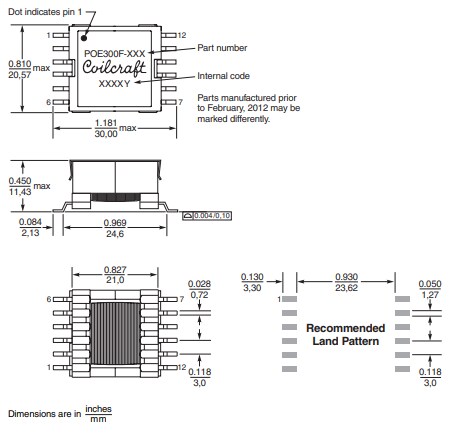 机械图纸 - Coilcraft PoE300F反激式变压器